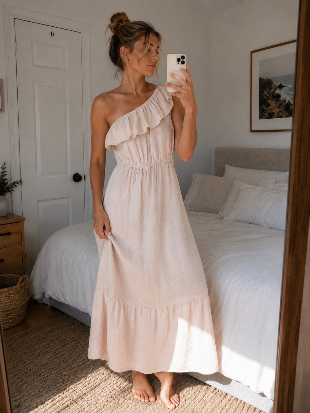 Valentina Naldi 100% Linen Made in Italy Women’s One-Shoulder Ruffle Maxi Dress